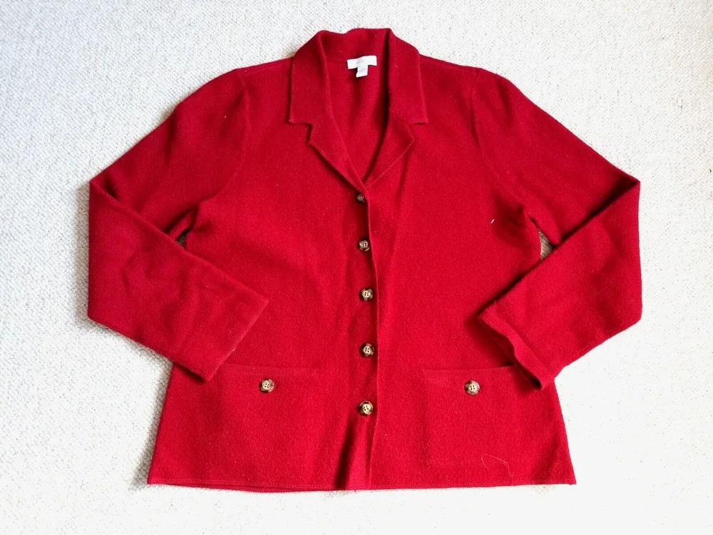 VINTAGE Womens Sweater/Jacket-CHARTER CLUB-dk red boiled Merino Wool blazer ls-M
